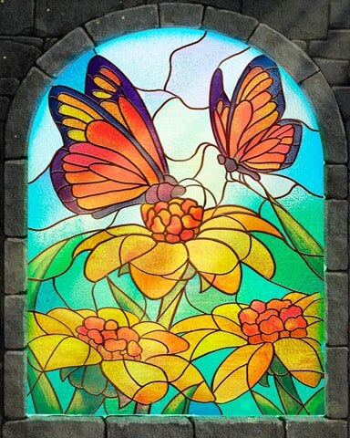 Flowers And Butterflies Stained Glass Badge - Mahjong Safari HD